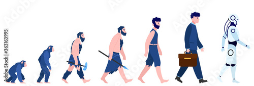 Cartoon human evolution isolated flat vector illustration. Man from monkey and caveman to cyborg or robot. Reality, history and anthropology concept