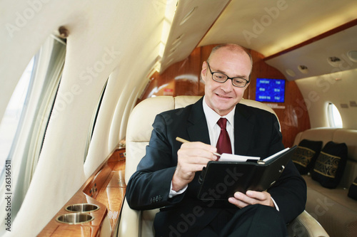 Businessman writing in organizer on private jet © ImageHit