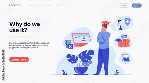 Male student choosing program in college. Young man in graduation cap thinking over future occupation. Vector illustration for opportunities, career advisor, choice concept