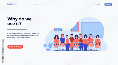 School students posing for class portrait in classroom. Teen girls and boys wearing uniform, sitting on chairs in rows and smiling. Vector illustration for photo, classmates, education concept