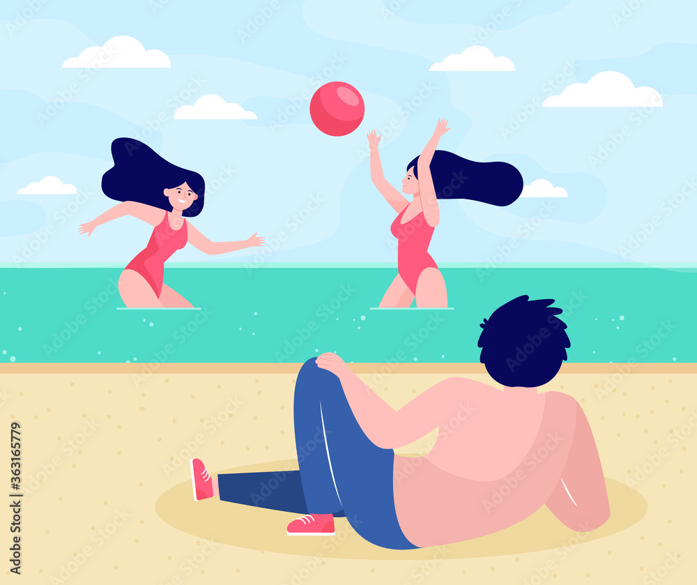 People relaxing on beach. Girls in swimsuits playing ball in sea water, man lying on sand flat vector illustration. Summer vacation, activity concept for banner, website design or landing web page
