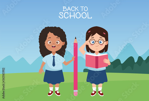 little students girls with uniforms characters