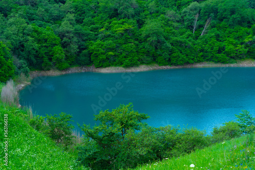 Mountain lake with trees growing around © Nariman