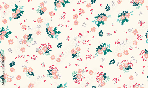 Seamless folk pattern in small wild flowers. Country style millefleurs. Floral meadow background for textile  wallpaper  pattern fills  covers  surface  print  gift wrap  scrapbooking  decoupage.