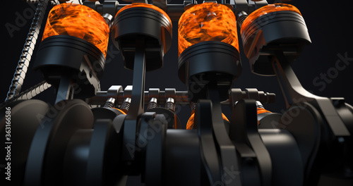 Close Up V8 Engine With Ignitions And Explosions. Technology And Industry Related 3D Rendering