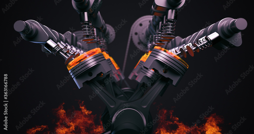Ilustrace „Powerful V8 Engine With Moving Pistons And Crankshaft With