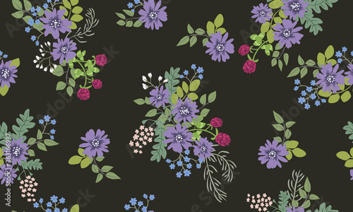 Seamless folk pattern in small wild flowers. Country style millefleurs. Floral meadow background for textile, wallpaper, pattern fills, covers, surface, print, gift wrap, scrapbooking, decoupage.