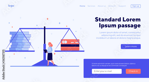 Scale with cash and credit card. Person, woman, comparison, weight flat vector illustration. Personal finance, banking, pros and cons concept for banner, website design or landing web page