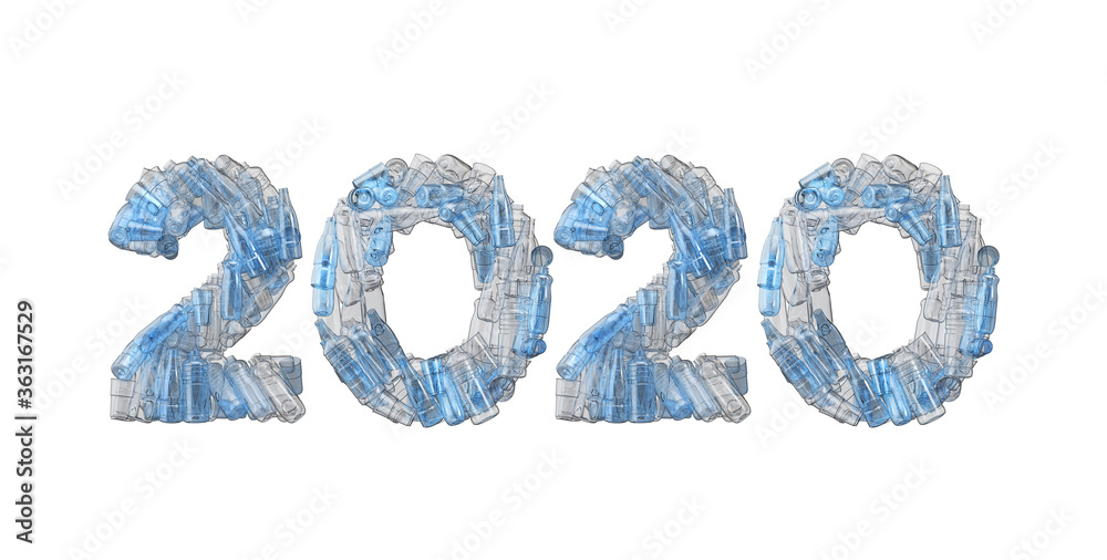 2020 word spelt out in empty plastic bottle font. 3D Rendering 2020 word spelt out in empty plastic bottle font. 3D Rendering