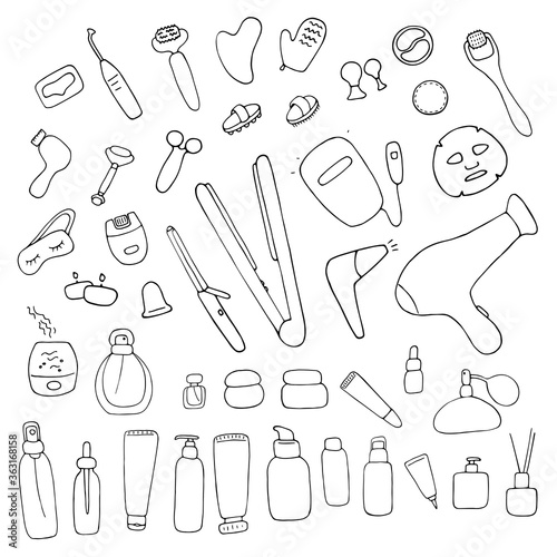 Big Beauty set. Skin care and beauty signs, beauty tools, spa salon and self-care icons. Vector doodle illustration