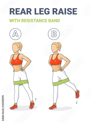 Standing Rear Leg Lift with Resistance Band Exercise Illustration. Colorful Concept of Girl Does the Back Kick.
