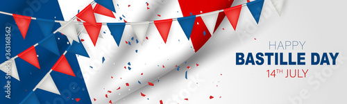 Bastille Day banner or header. July 14th France national holiday celebration. Blue, white, and red tricolor french flag and bunting. Vector illustration with lettering.