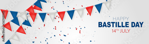 Bastille Day banner or header. July 14th France national holiday celebration. Blue, white, and red tricolor french flag bunting. Vector illustration with lettering. photo