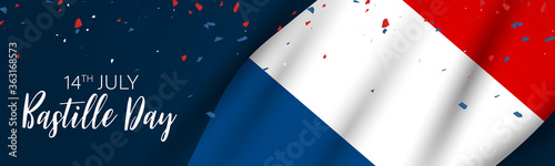 Bastille Day banner or header. July 14th France national holiday celebration. Blue, white, and red tricolor waving french flag. Vector illustration with lettering.