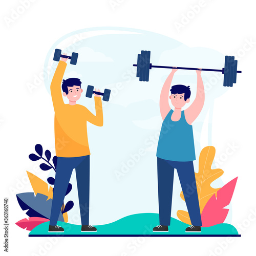 Male friends exercising in gym together. Men lifting weight, dumbbells and talking flat vector illustration. Fitness, body training, lifestyle concept for banner, website design or landing web page