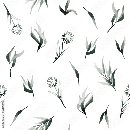 Seamless pattern. Watercolor botanical flowers, green leaves, branches. Vintage design for logo, wedding invitations, postcards, stickers, textile. White isolated background. Paper texture.