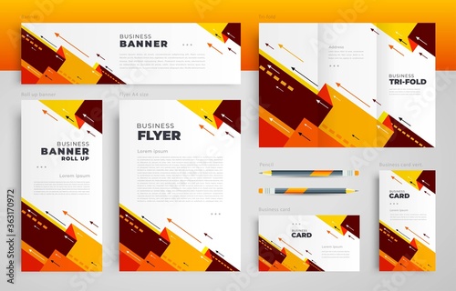 Arrows theme orange color set flyer cover, tri-fold, banner, roll up banner, business card