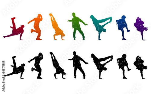 Detailed vector illustration silhouettes of expressive dance colorful group of people dancing. Jazz funk  hip-hop  house. Dancer man jumping on white background. Happy celebration brakedance b boy