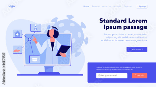 Physician giving recommendation for quarantine. Coronavirus, pandemic, mask flat vector illustration. Medicine and healthcare concept for banner, website design or landing web page