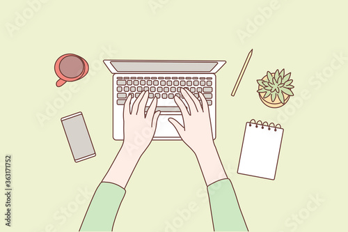 Technology, social media, work, business concept. Human character hands using laptop in office for work or social network communication or watching videos. Digital technological devices in daily life.