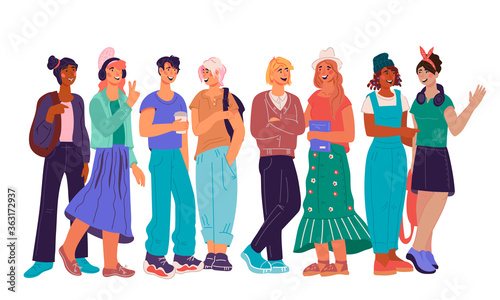 Multinational group of young students boys and girls characters standing together, flat vector illustration isolated on white. University education and the diversity of young people earning a degree.