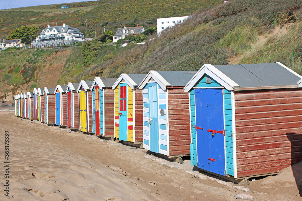 Beach huts at Saunton Sands beach, Devon