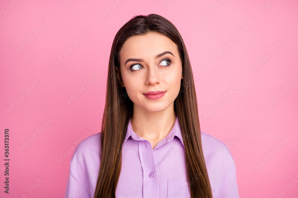 Close-up portrait of her she nice-looking attractive lovely winsome charming cute sweet curious straight-haired girl creating plan thinking isolated over pink pastel color background Close-up portrait of her she nice-looking attractive lovely winsome charming cute sweet curious straight-haired girl creating plan thinking isolated over pink pastel color background