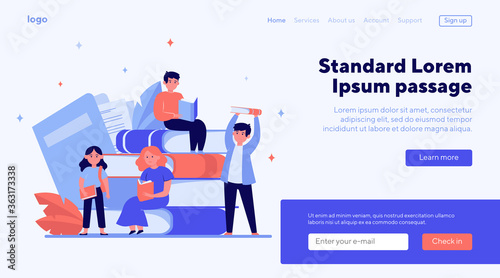 Focused tiny people reading books. Studying, story, library flat vector illustration. Knowledge and education concept for banner, website design or landing web page