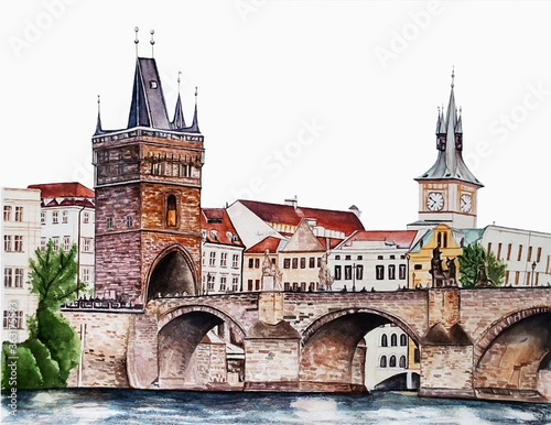Watercolor illustration of the Charles Bridge and a view of the ancient architecture in Prague.