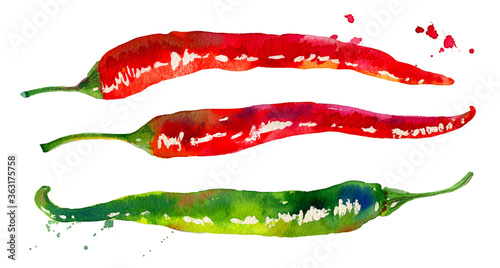 Red and green hot chilli peppers watercolor illustration isolated on white background.