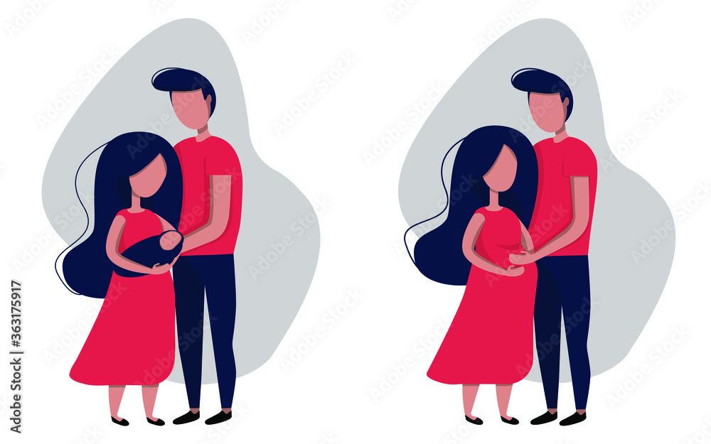 Young family. Adding to the family. Happy couple. Loving spouses. Family day. Pregnancy and birth. Flat illustration. Vector image. Young family. Adding to the family. Happy couple. Loving spouses. Family day. Pregnancy and birth. Flat illustration. Vector image.