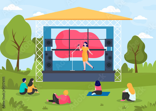 Outdoor music festival. People enjoying concert at stage in park flat vector illustration. Concert, performance, festive event concept for banner, website design or landing web page