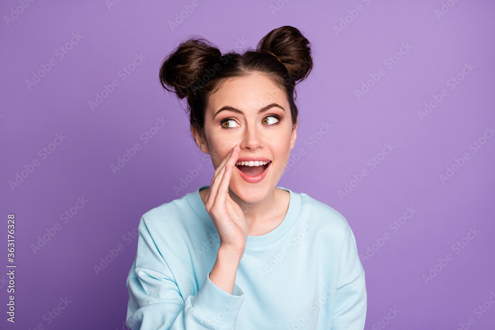 Portrait of cheerful youngster girl hear incredible novelty share hold hands lips wear casual stylish trendy pullover isolated over purple color background Portrait of cheerful youngster girl hear incredible novelty share hold hands lips wear casual stylish trendy pullover isolated over purple color background