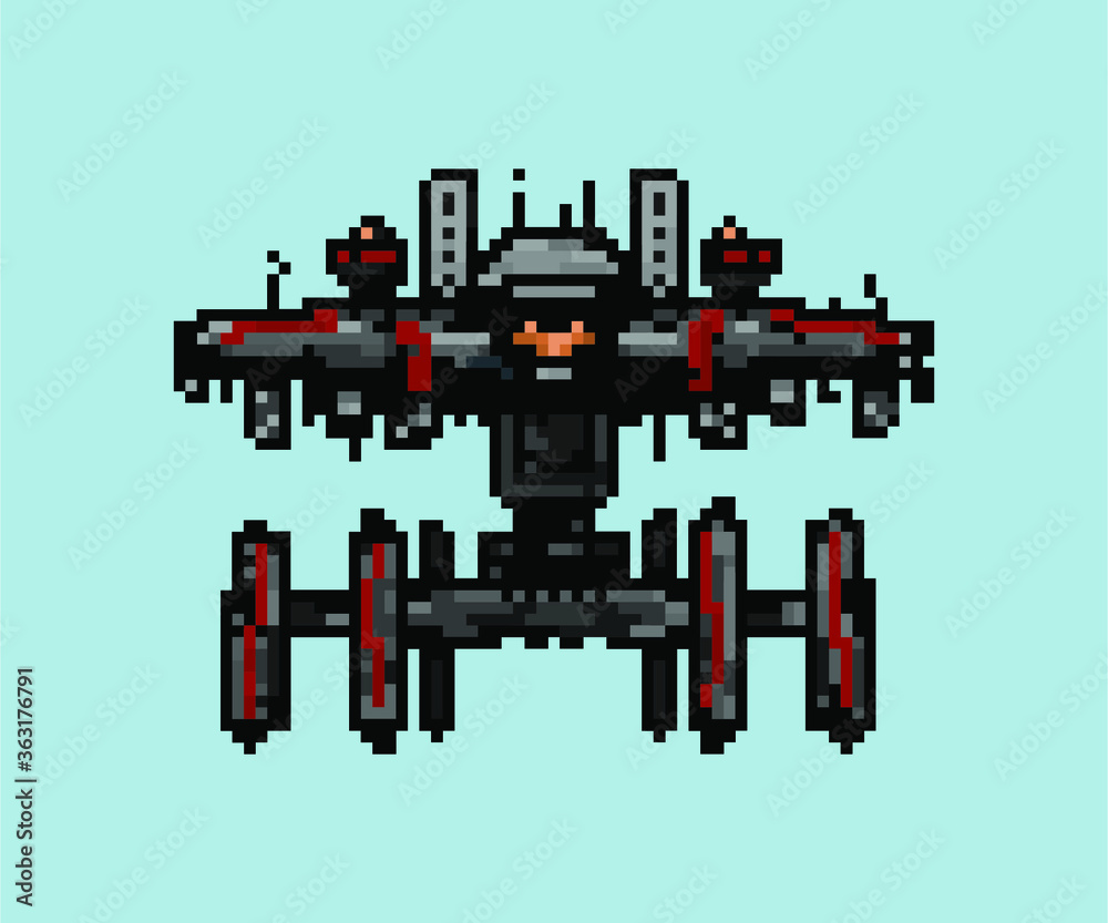 Illustration of battle robot in pixel art style