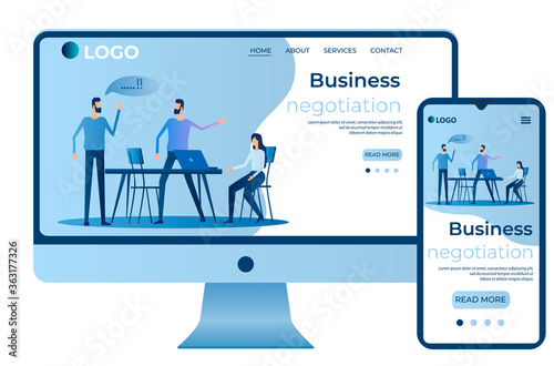 Business negotiation.Planning and solving tasks.People at the Desk .Site template, landing page concept.The adaptive design.The screen of the smartphone and the computer.Vector illustration.