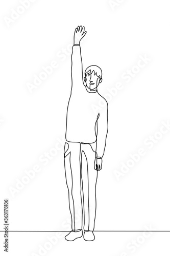man in full growth stands with his hand held high in sign of active consent. One continuous line art concept of a volunteer, activist, active participant. Can be used for animation.