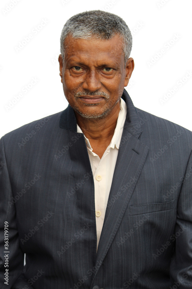 Senior Indian man cropped portrait view with happy or smiling expression on white background. Senior Indian man cropped portrait view with happy or smiling expression on white background.