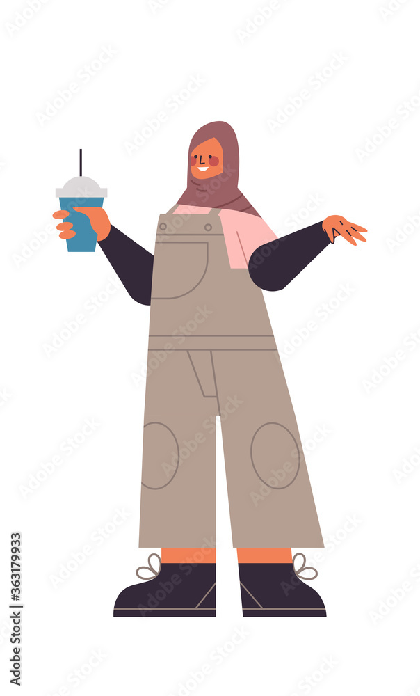 arabic woman in traditional clothes drinking cocktail arab smiling girl female cartoon character standing pose full length isolated vertical vector illustration