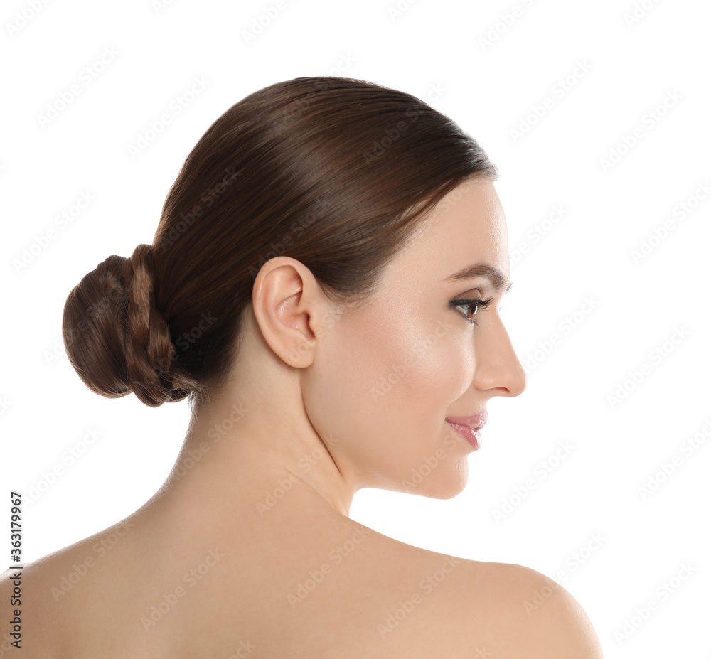 Young woman with beautiful face on white background Young woman with beautiful face on white background