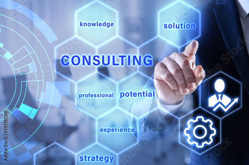 Consulting concept. Businessman pointing on blurred background, closeup