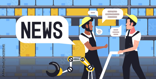 warehouse workers chatting during meeting discussing daily news chat bubble communication concept modern storehouse interior portrait horizontal vector illustration