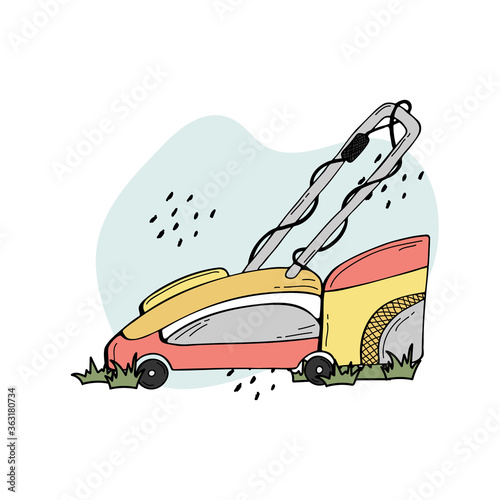 Electric lawn mower. Power tools for gardening and country houses. Hand-drawn doodles.
