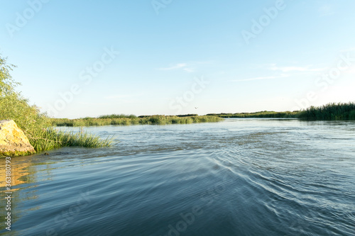 Channel landscape with waves in Danube Delta   Romania   on summer day