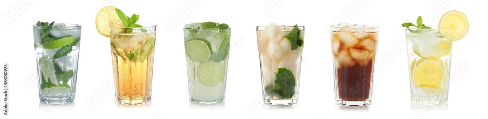Set of different refreshing drinks on white background. Banner design Set of different refreshing drinks on white background. Banner design