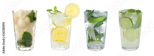 Set of different refreshing drinks on white background. Banner design