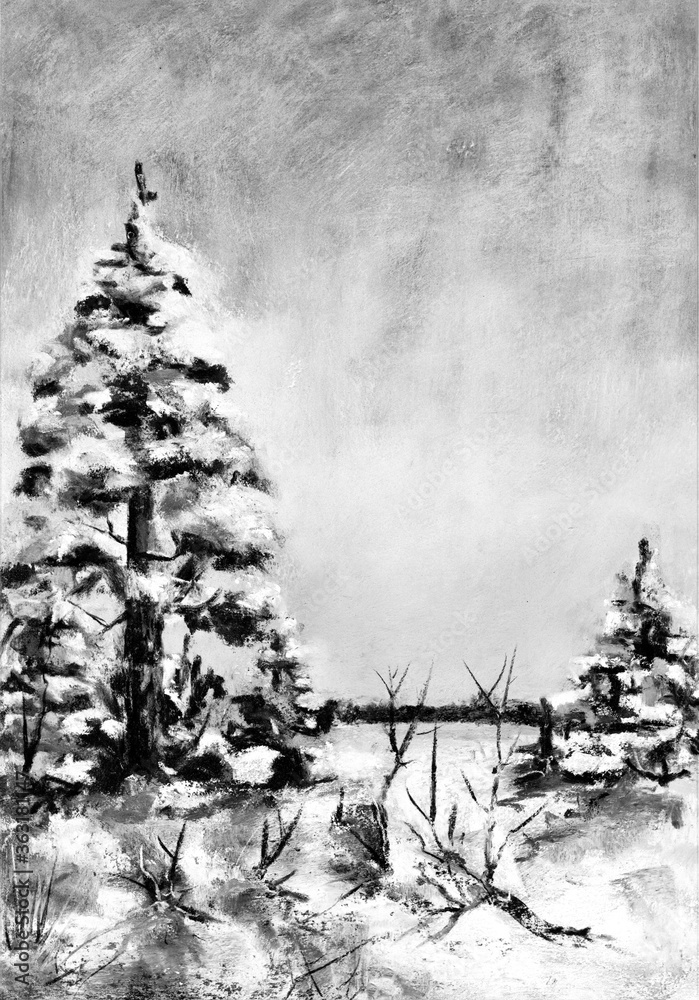 A black and white image of a snowy forest hand-painted with soft pastel.