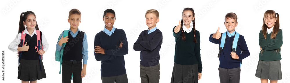 Children in school uniforms on white background. Banner design Children in school uniforms on white background. Banner design