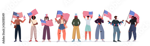 mix race people in festive hats holding usa flags celebrating 4th of july american independence day concept full length isolated horizontal vector illustration