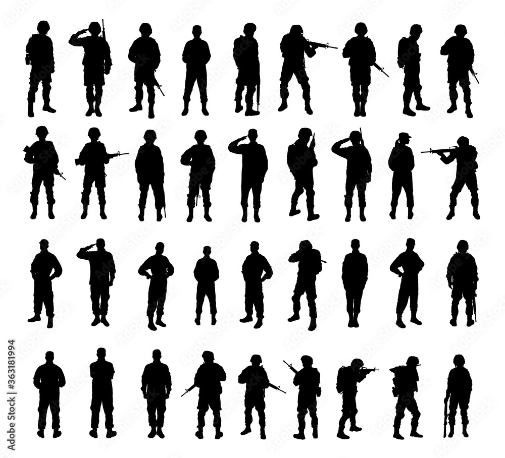 Collage with silhouettes of soldiers on white background. Military service Collage with silhouettes of soldiers on white background. Military service