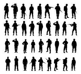 Collage with silhouettes of soldiers on white background. Military service